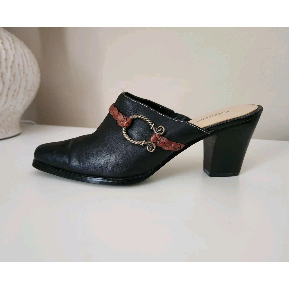 Coldwater Creek Women Black Leather Mules Clogs Western Brown Braided Detail 8.5